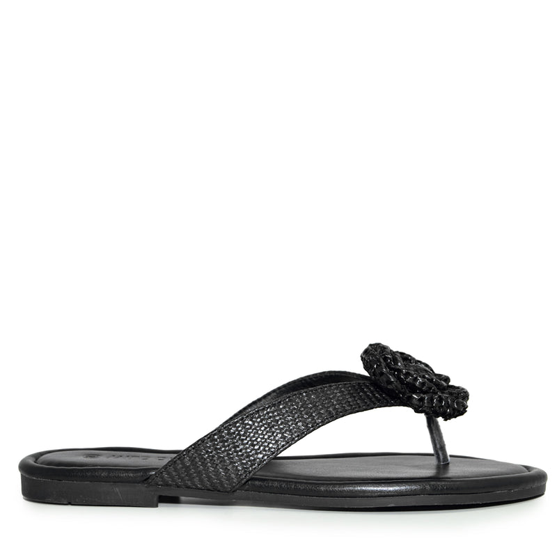 LUCCA-01 Natural Raffia Floral Applique Flip Flop Thong Sandals