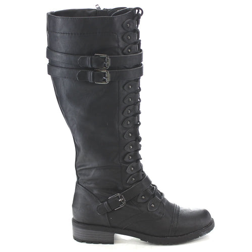 ild Diva Women's Fashion Timberly-65 Military Knee High Combat Boots Shoes Black Pu 9