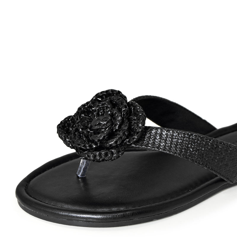 LUCCA-01 Natural Raffia Floral Applique Flip Flop Thong Sandals