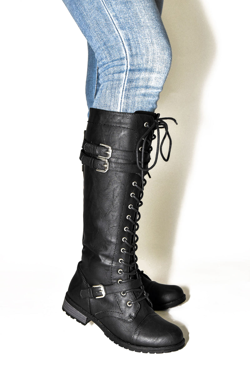 Wild Diva Women s Faux Leather Lace Up Below The Knee Combat Fashion M