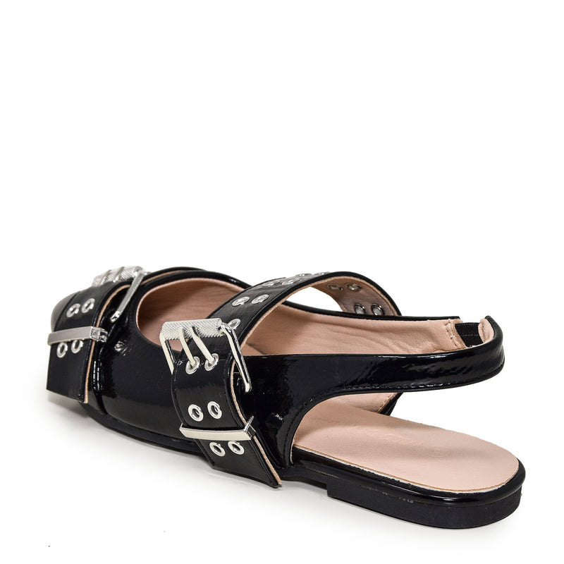Wild Diva Women's Classic Pointy Toe Texture Chunky Strap Patent Slingback Flats