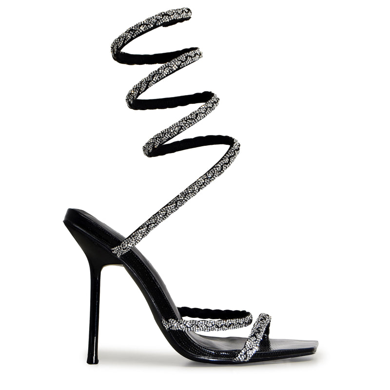 EDWELL-01 Embellished Rhinestone Coil Wrap Around Square Toe Stiletto Heels