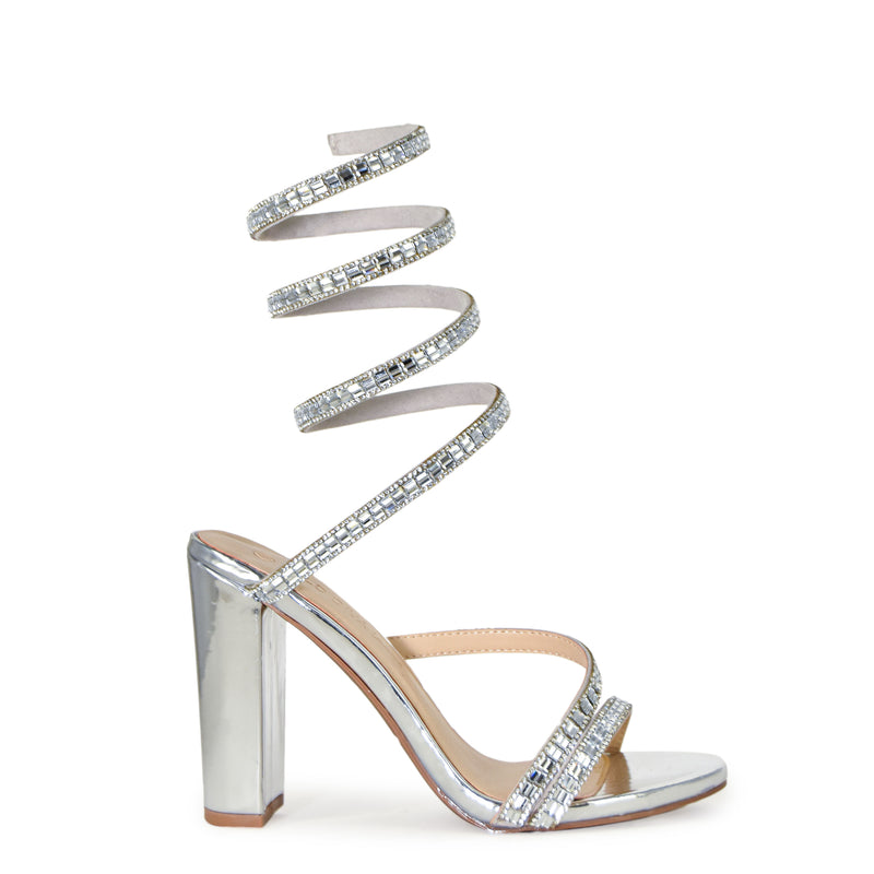 Wild Diva Women's Morris-576 Rhinestone Mirrored Coil Spiral Wrap Strap High Chunky Block Heels
