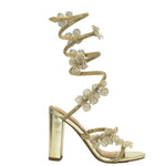 MORRIS-632 Floral Applique Spiral Coil Wrap Around Strap Rhinestone Heels