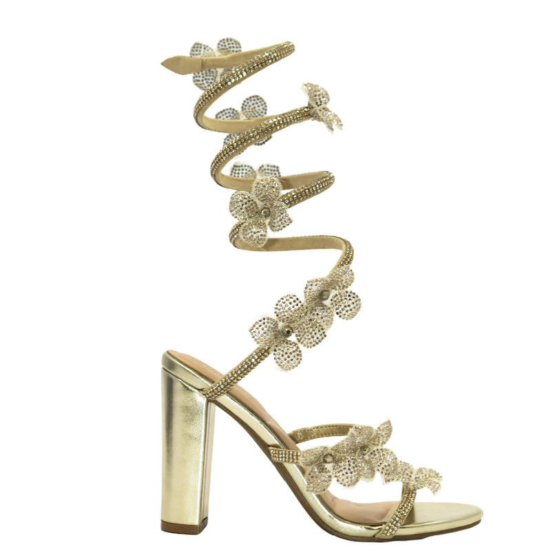 MORRIS-632 Floral Applique Spiral Coil Wrap Around Strap Rhinestone Heels