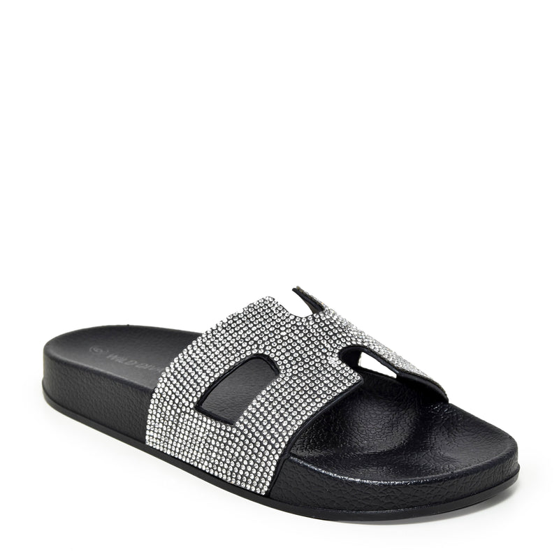 MATTY-223A Cutout Rhinestone Slip On Slide Sandals
