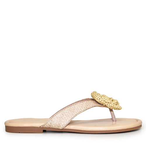 LUCCA-01 Natural Raffia Floral Applique Flip Flop Thong Sandals