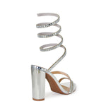 Wild Diva Women's Morris-576 Rhinestone Mirrored Coil Spiral Wrap Strap High Chunky Block Heels