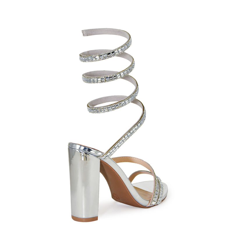 Wild Diva Women's Morris-576 Rhinestone Mirrored Coil Spiral Wrap Strap High Chunky Block Heels