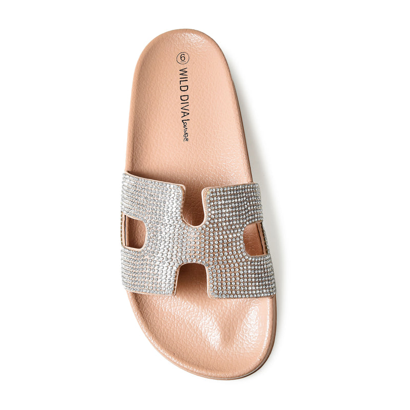 MATTY-223A Cutout Rhinestone Slip On Slide Sandals