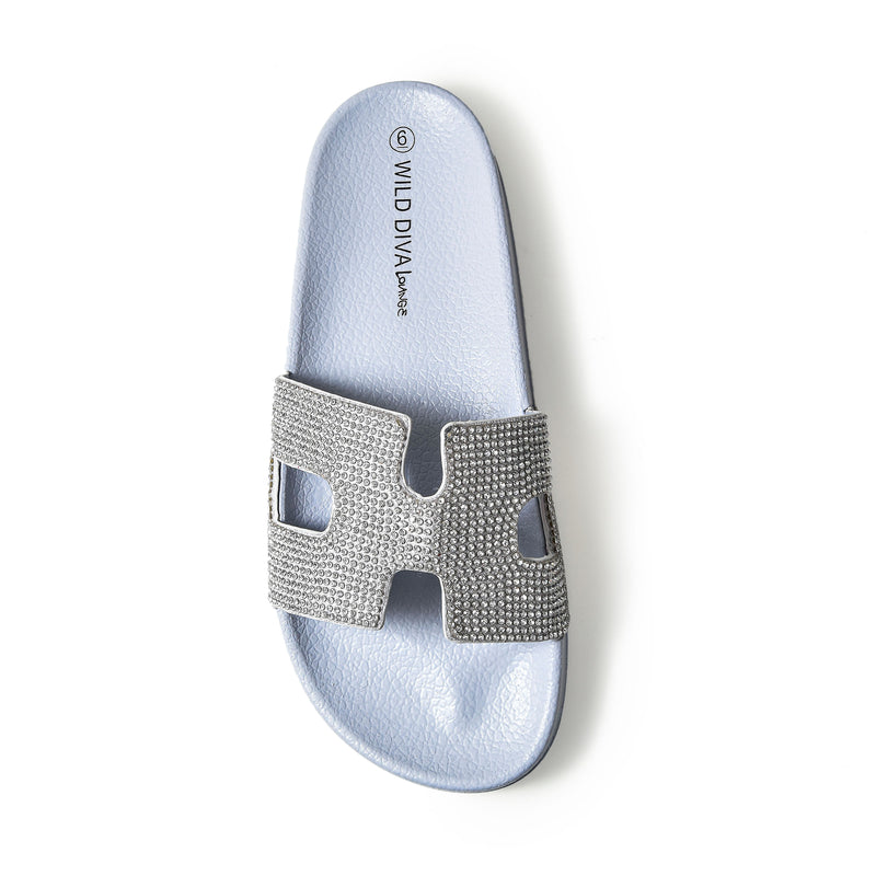 MATTY-223A Cutout Rhinestone Slip On Slide Sandals