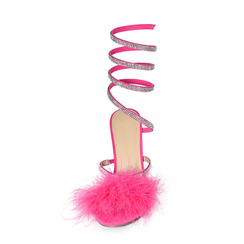 MORRIS-573 Feather Rhinestone Embellished Wrap Around Chunky Block Heel Sandals