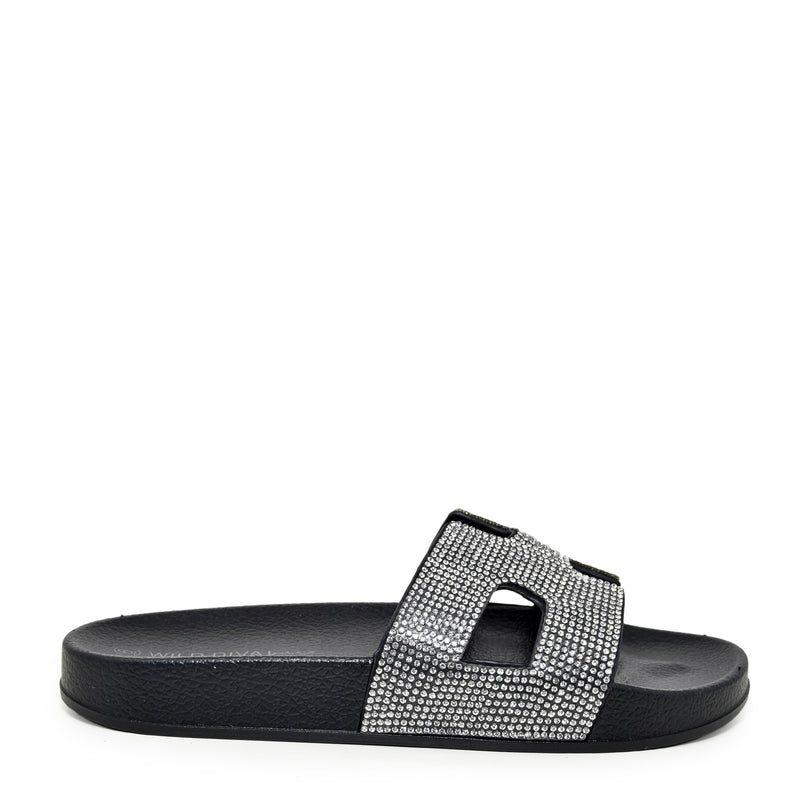 MATTY-223A Cutout Rhinestone Slip On Slide Sandals