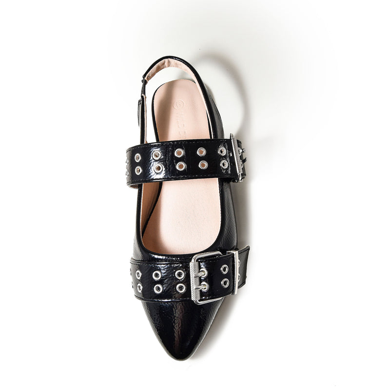 Wild Diva Women's Classic Pointy Toe Texture Chunky Strap Patent Slingback Flats
