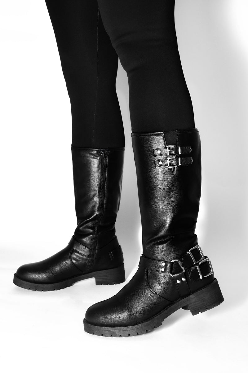 Wild Diva Women's Fashion Moto Harness Buckle Strap Mid-Calf Motorcycle Boots
