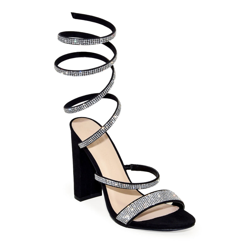 Wild Diva Spiral Rhinestone Strappy Ankle Chunky Block Heels
