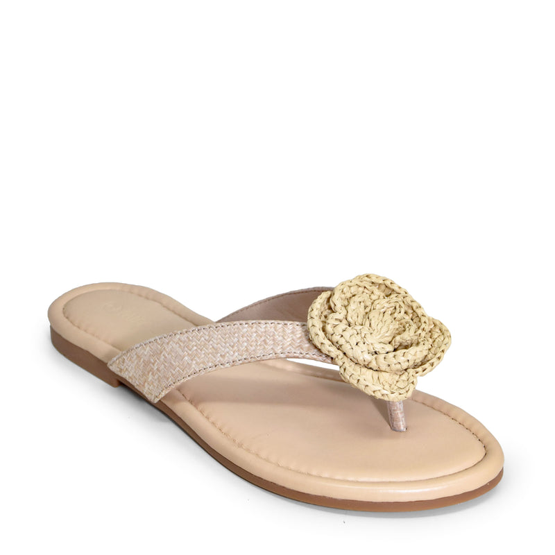 LUCCA-01 Natural Raffia Floral Applique Flip Flop Thong Sandals