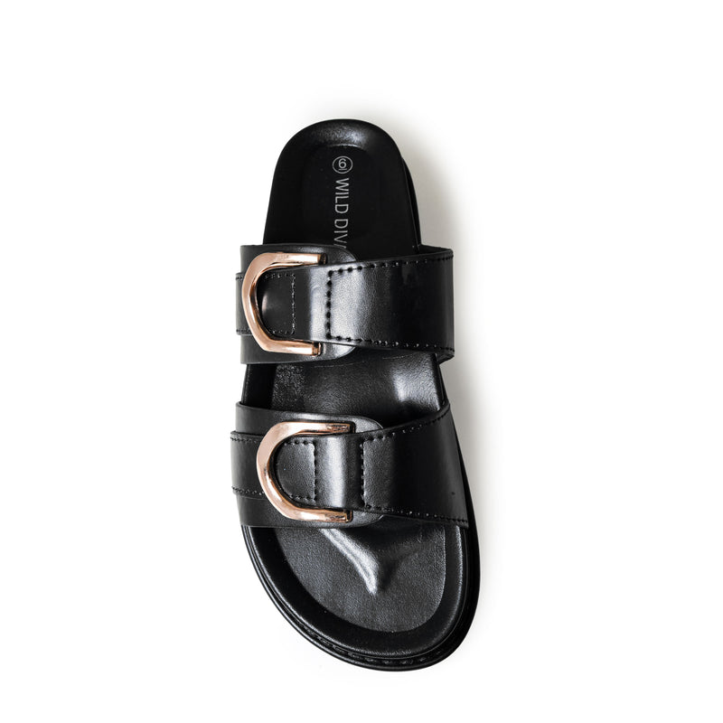 GINO-36 Double Buckle Stacked Flat Slides Sandals