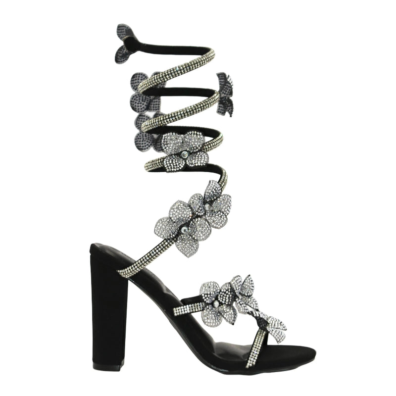 MORRIS-632 Floral Applique Spiral Coil Wrap Around Strap Rhinestone Heels