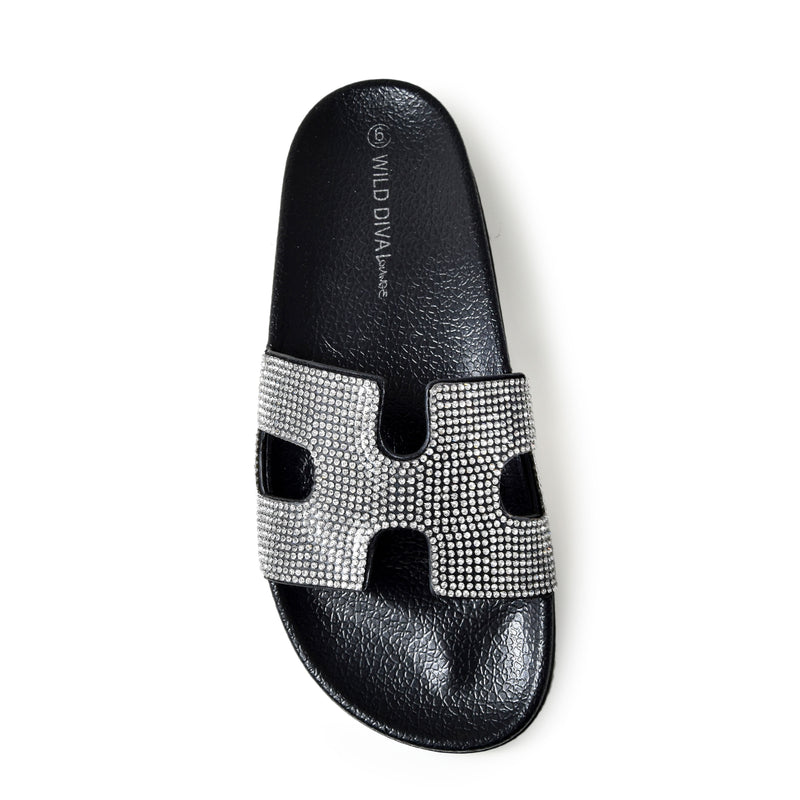 MATTY-223A Cutout Rhinestone Slip On Slide Sandals