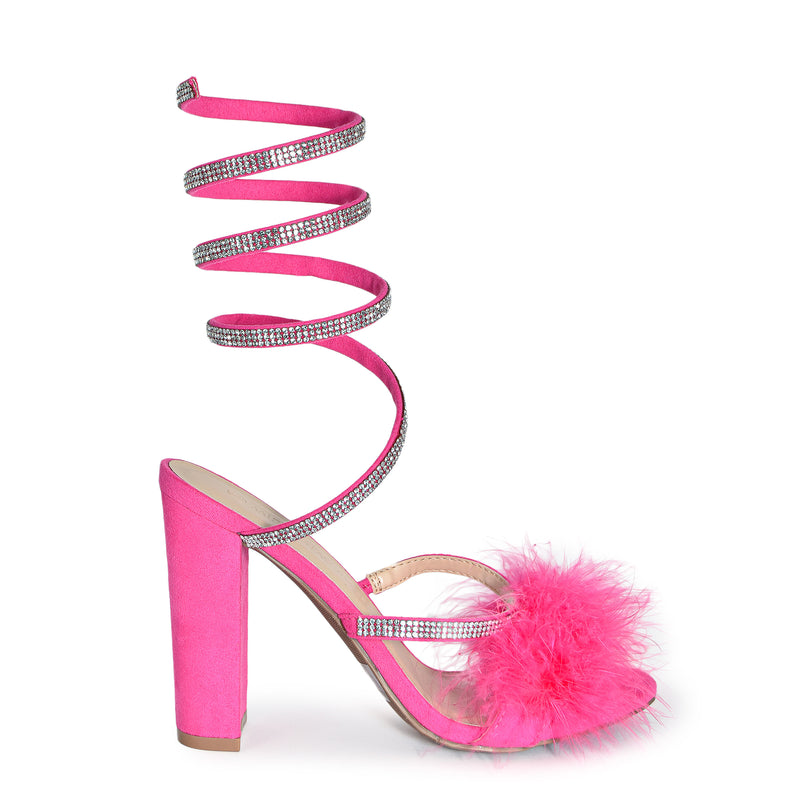 MORRIS-573 Feather Rhinestone Embellished Wrap Around Chunky Block Heel Sandals