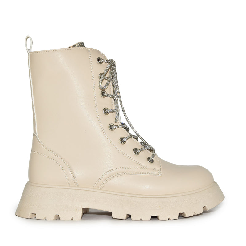 KYOTO-05 Rhinestone Embellished  Laceup Military Lugsole Combat Boots