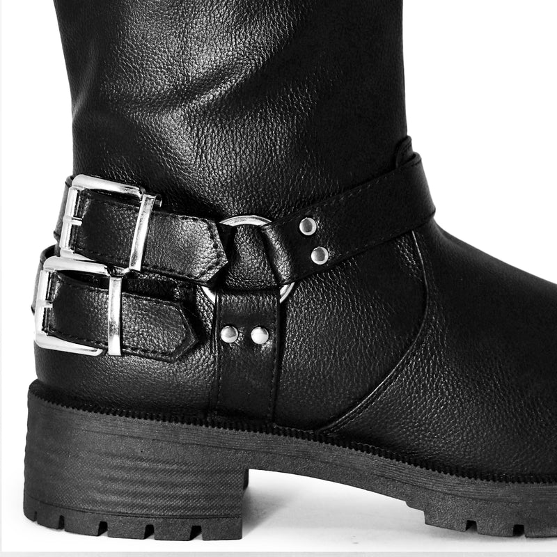 Wild Diva Women's Fashion Moto Harness Buckle Strap Mid-Calf Motorcycle Boots
