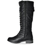 TIMBERLY-65A Strappy Buckle Military Combat Lace Up Knee Length Boots