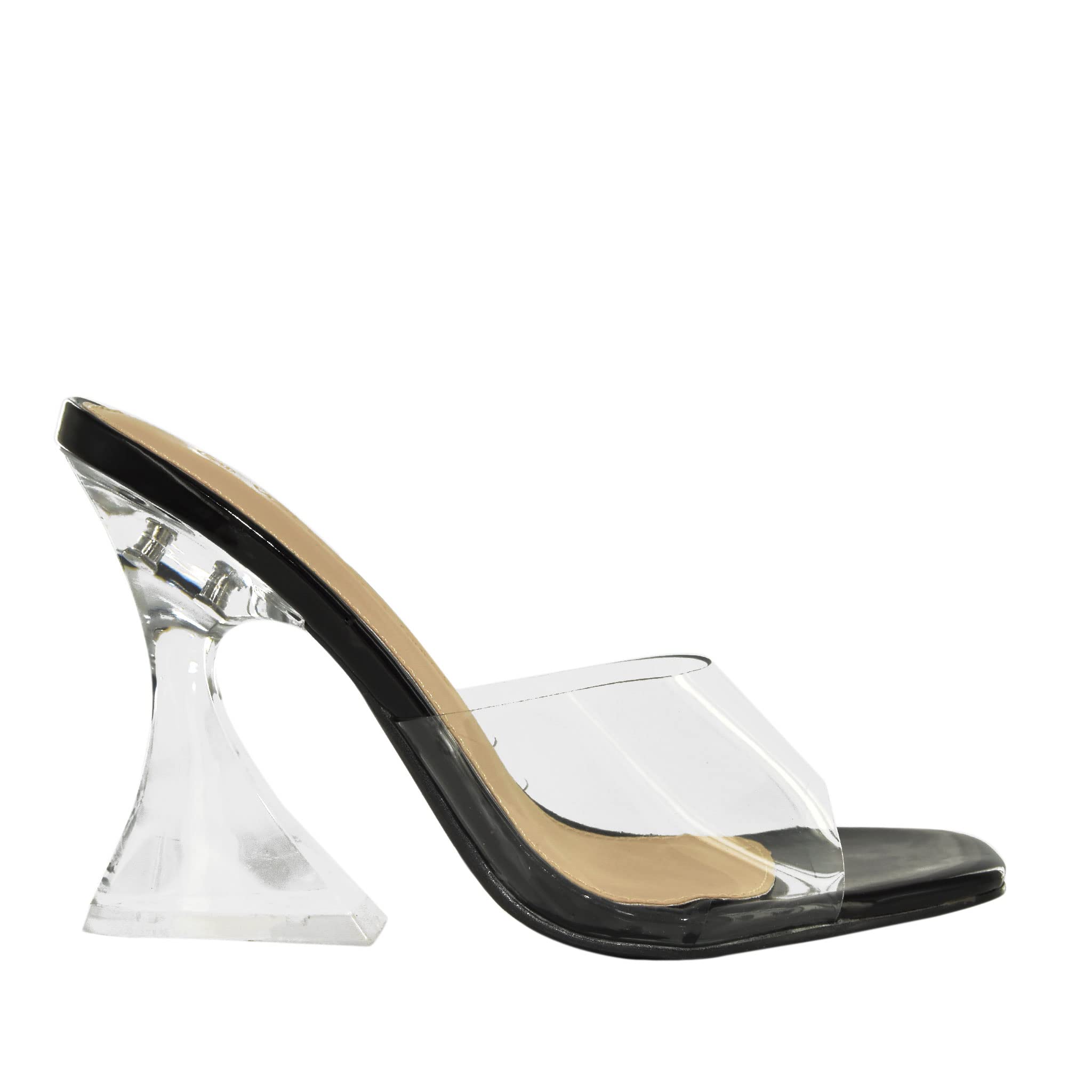 Black Patent Straps Evening Transparent Glass Block High Heels