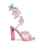 MORRIS-581A Rainbow Embellished Rhinestone Butterfly Spiral Coil Wrap Around Block Heels Media 1 of 17