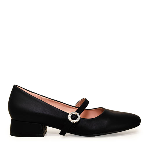 BEVERLY-01 Square Toe Mary Jane Ankle Strap Low Block Heeled Ballet Flats BLACK