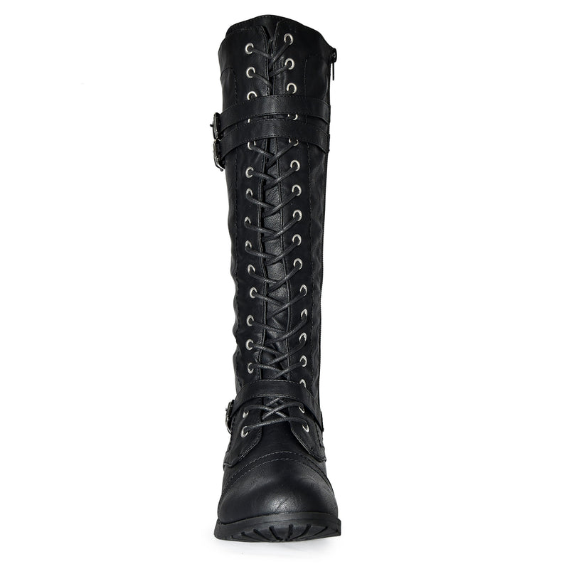 TIMBERLY-65A Strappy Buckle Military Combat Lace Up Knee Length Boots