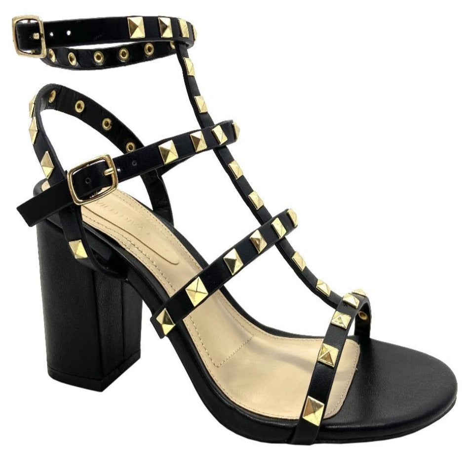 Public Desire Finally studded block heeled sandals in black patent | ASOS