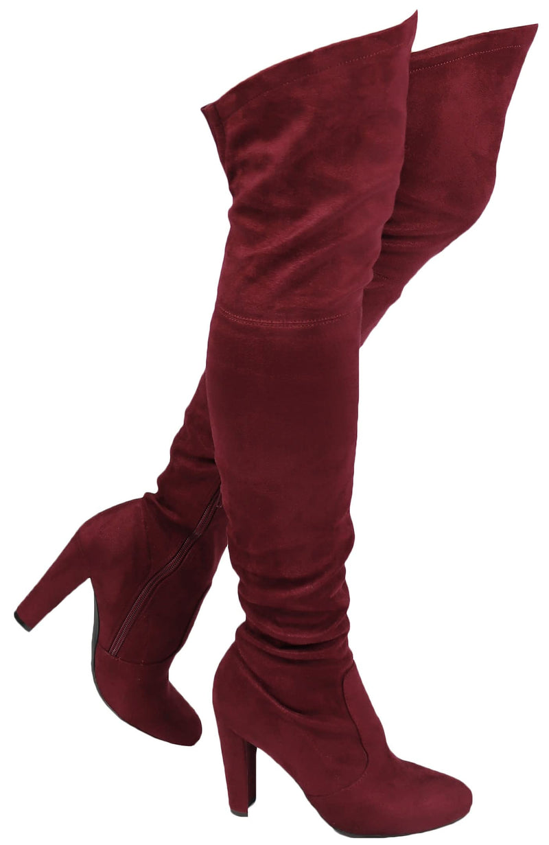 Womens Faux Suede Sexy Fitted Thigh High Over the Knee High Chunky Heel Boots