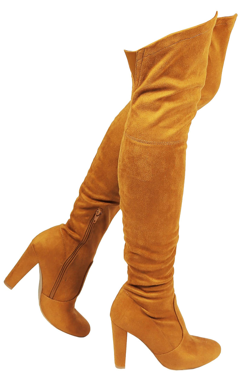 Womens Faux Suede Sexy Fitted Thigh High Over the Knee High Chunky Heel Boots