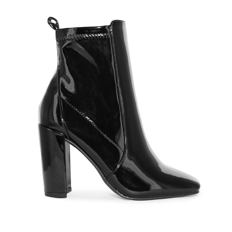 SLAY-13 Faux Patent Leather Square Toe Chunky Block Heel Ankle Boots