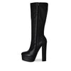 DOSSY-04 Patent Mid-Calf Platform Chunky Block Heel Boots