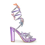 MORRIS-581A Rainbow Embellished Rhinestone Butterfly Spiral Coil Wrap Around Block Heels Media 1 of 17