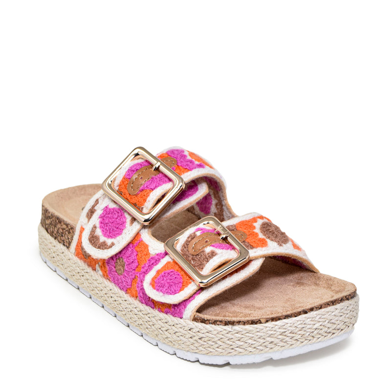 Wild Diva Women's Double Buckle Floral Crochet Cork Flat Sandals