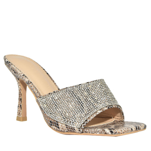 BONASA-01 Snake Print Rhinestone Open Toe Stiletto Mule Heels-Nude Side View