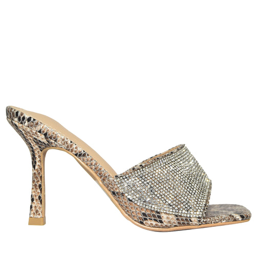 BONASA-01 Snake Print Rhinestone Open Toe Stiletto Mule Heels-Side View 2