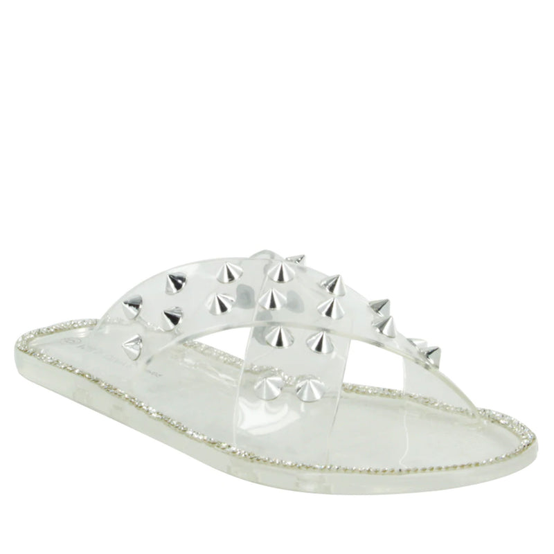 JOANNA-08 STUDDED CRISS CROSS SLIDE SANDALS