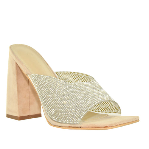 KALSA-02 Rhinestone Square Open Toe Slide Flared High Heels-Nude-Side View