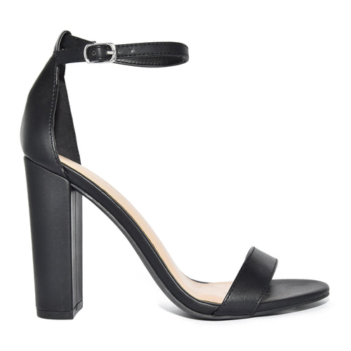 MORRIS-01 Ankle Strap Chunky Block Heeled Sandals-Black Faux Leather-Side View 2