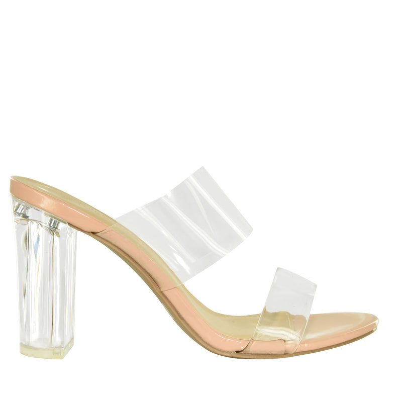 MORRY-11 Transparent Double Strap Patent Lucite Block Heels-Nude-Side View 1