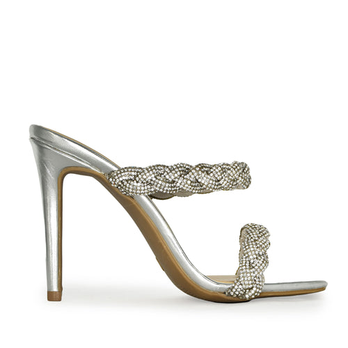 NARS-04 Braided Double Strap Rhinestone Square Toe Stilettos Heels