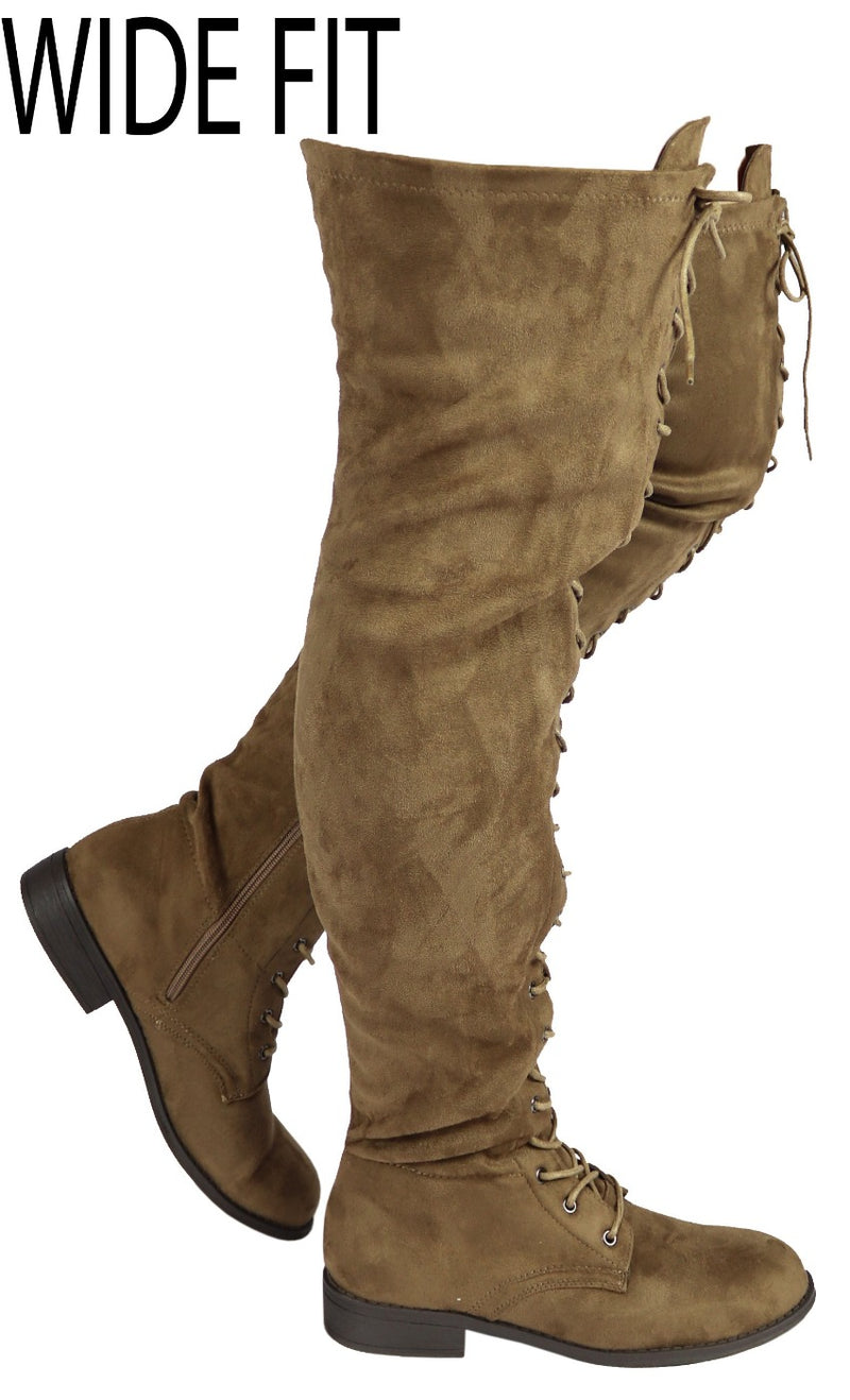OKSANA-308W WIDE FIT OVER THE KNEE LOW HEELED LACE UP BOOTS