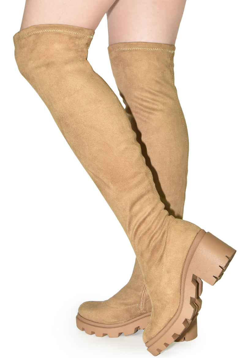 VIVICA-10 Faux Suede Over The Knee Lug Sole Boot-Tan-Back View 2