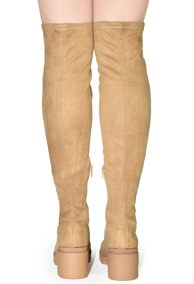 VIVICA-10 Faux Suede Over The Knee Lug Sole Boot-Tan-Back View 3