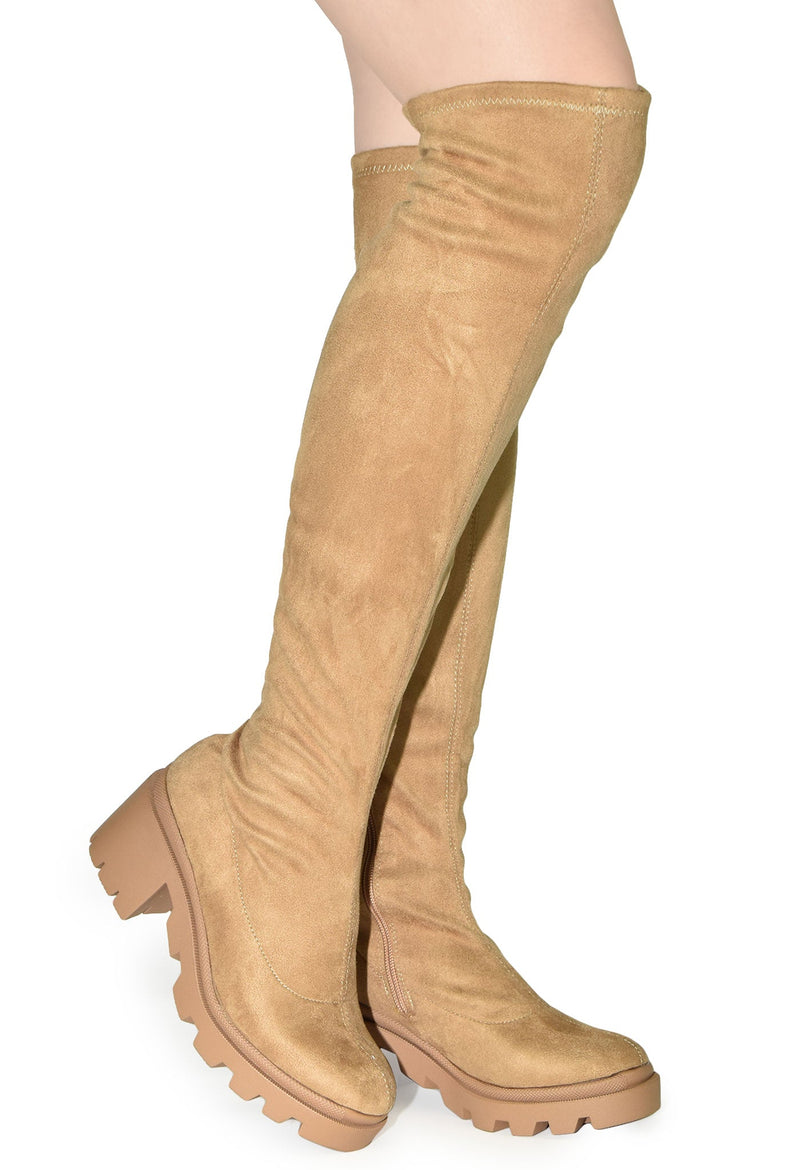 VIVICA-10 Faux Suede Over The Knee Lug Sole Boot-Tan-Side View 1